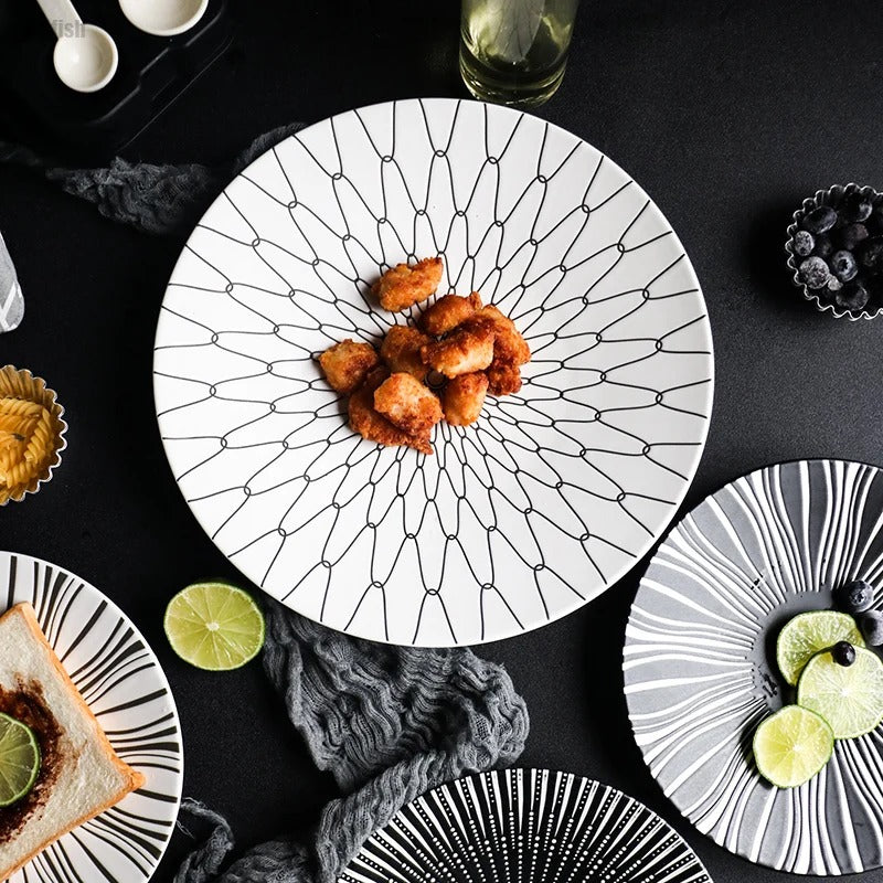 geometric pattern ceramic dinner plate set, view 8 - MRSLM