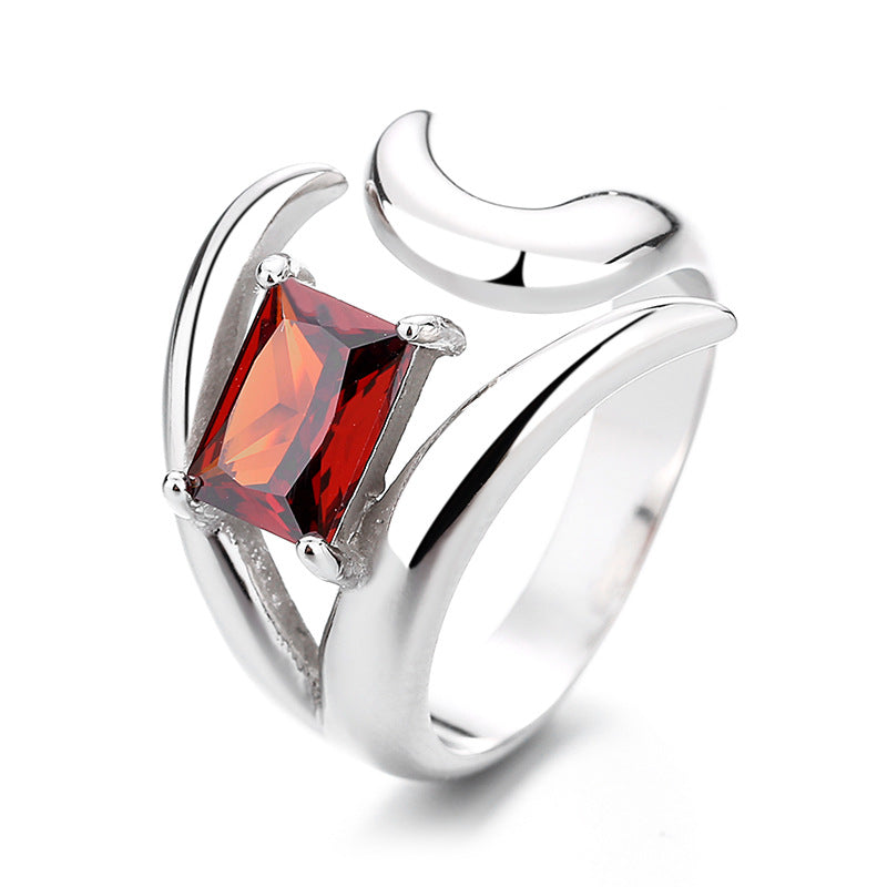 S925 Sterling Silver Irregular Red Open-end Zircon Ring