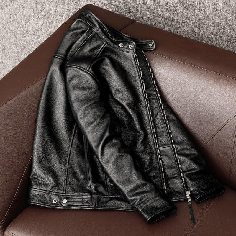 men's stand collar leather coat, view 3 - MRSLM