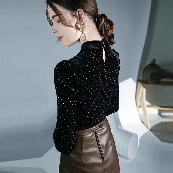 Polka Dot Shirt Women's Vintage Doll Collar Velvet Long Sleeves