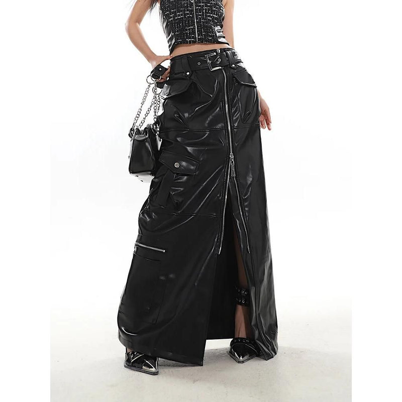 pu leather a-line skirt for women, view 2 - MRSLM
