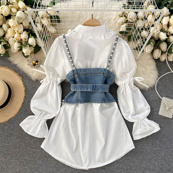 Diamond Beaded Puff Sleeve Shirt Top Tassel Pearl Sling Vest Two-piece Set