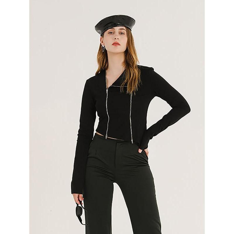 women's asymmetric zipper black cardigan, view 2 - MRSLM