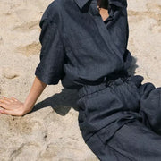 Short sleeve linen jumpsuit with wide pants, view 4 - MRSLM