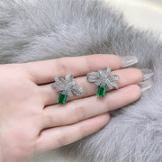 silver bow earrings with simulated emerald, view 5 - MRSLM