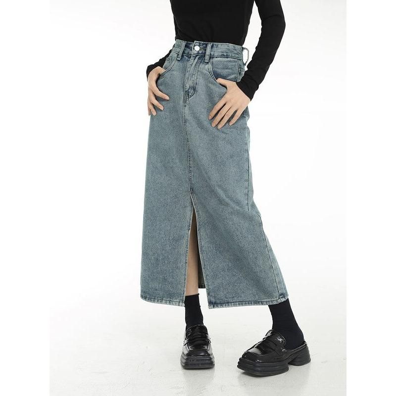 vintage blue denim midi skirt, view 2 - MRSLM
