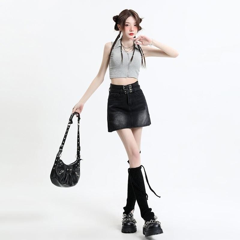 high waist denim mini skirt with belt, view 2 - MRSLM