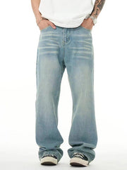 light blue washed loose straight wide leg jeans, view 5 - MRSLM
