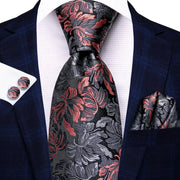 floral black and red silk necktie set for men, view 2 - MRSLM