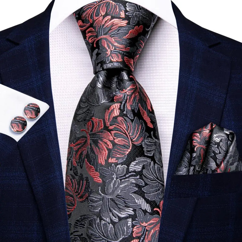 floral black and red silk necktie set for men, view 2 - MRSLM