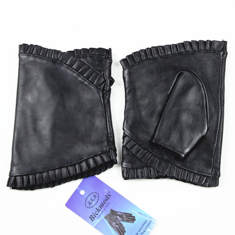 women's leather ruffled half finger gloves, view 2 - MRSLM