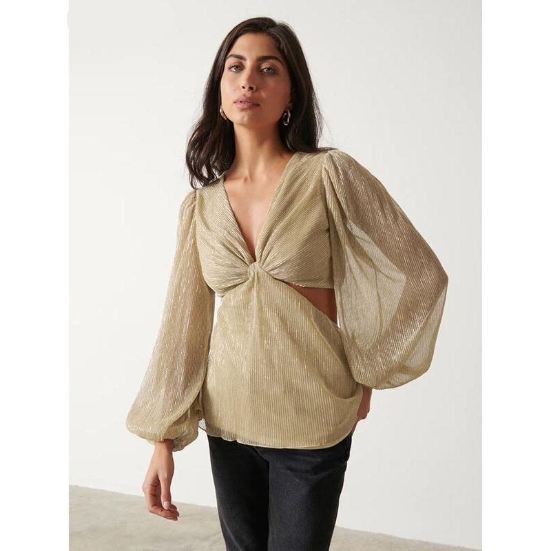 gold pleated V-neck blouse, view 3 - MRSLM