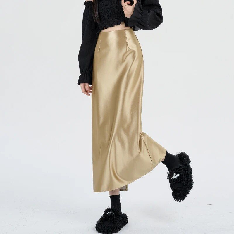 high waist satin maxi skirt, view 5 - MRSLM