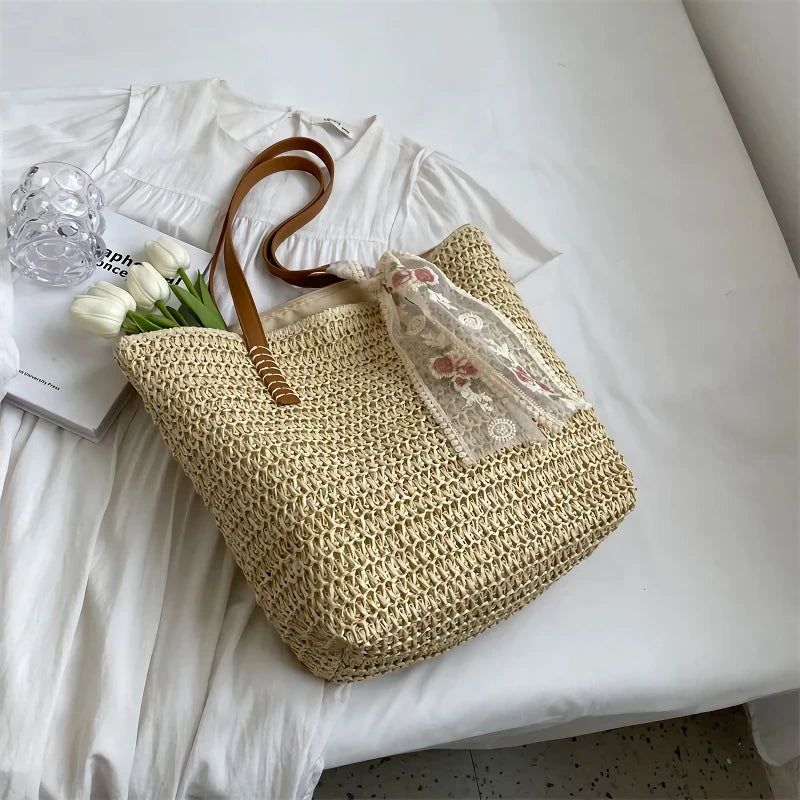 Handmade large woven straw tote bag, view 2 - MRSLM