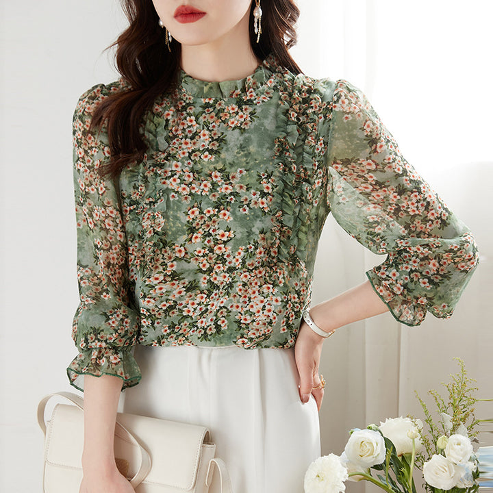 Women's Long Sleeved New Chiffon Printed Top Westernized Small Shirt