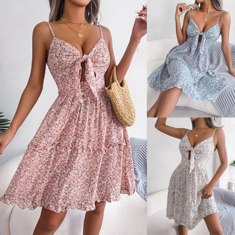 floral bow ruffled chiffon swing dress, view 6 - MRSLM