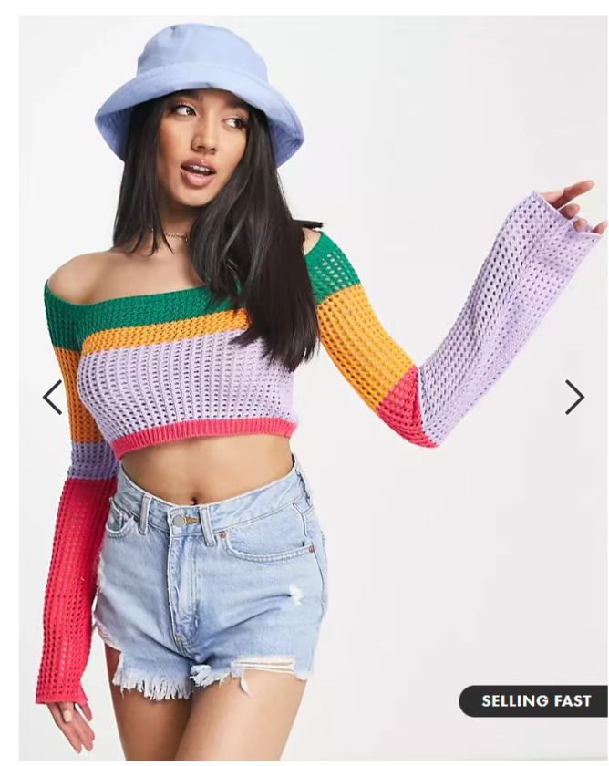 Multicolor Openwork Knitted Top Short Loose Off Shoulder Long Sleeve Sweater