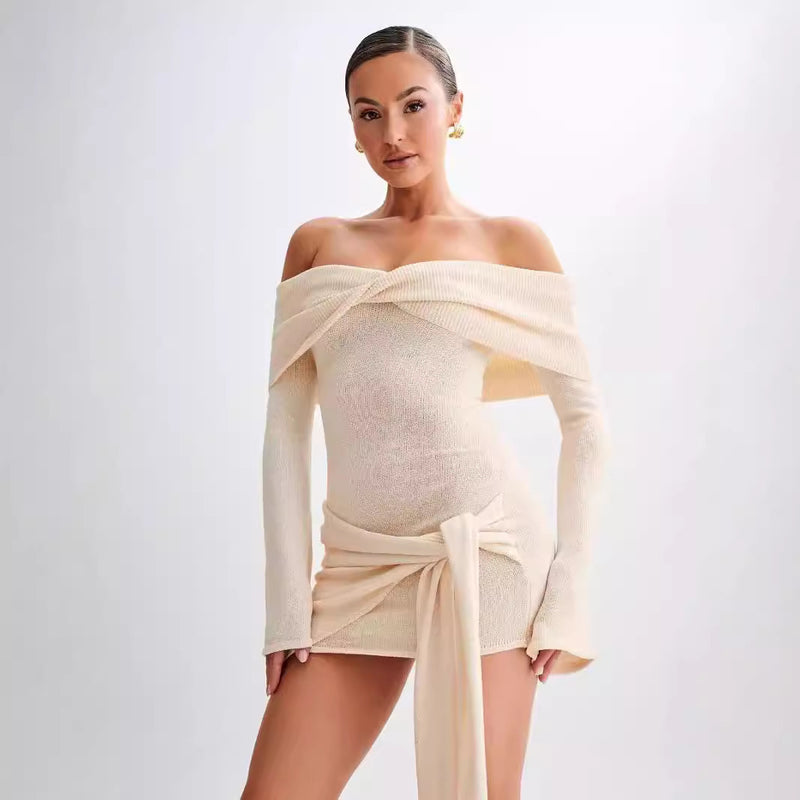 off-shoulder tied sweater dress, view 2 - MRSLM