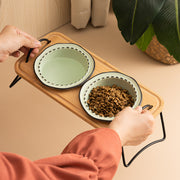 ceramic dog and cat bowl with wood stand, view 11 - MRSLM