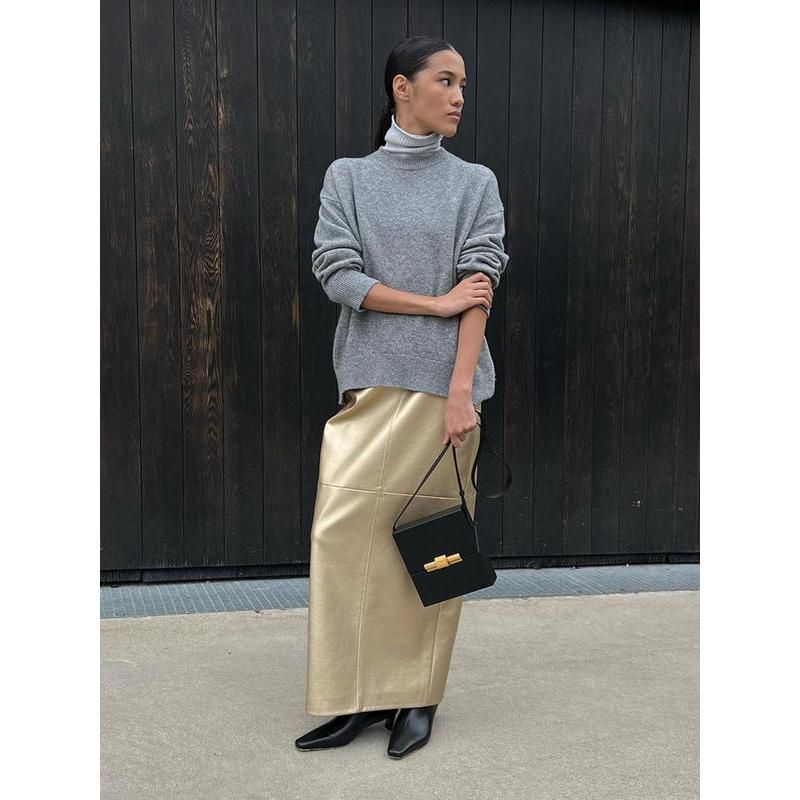 Gold PU leather long skirt, view 5 - MRSLM