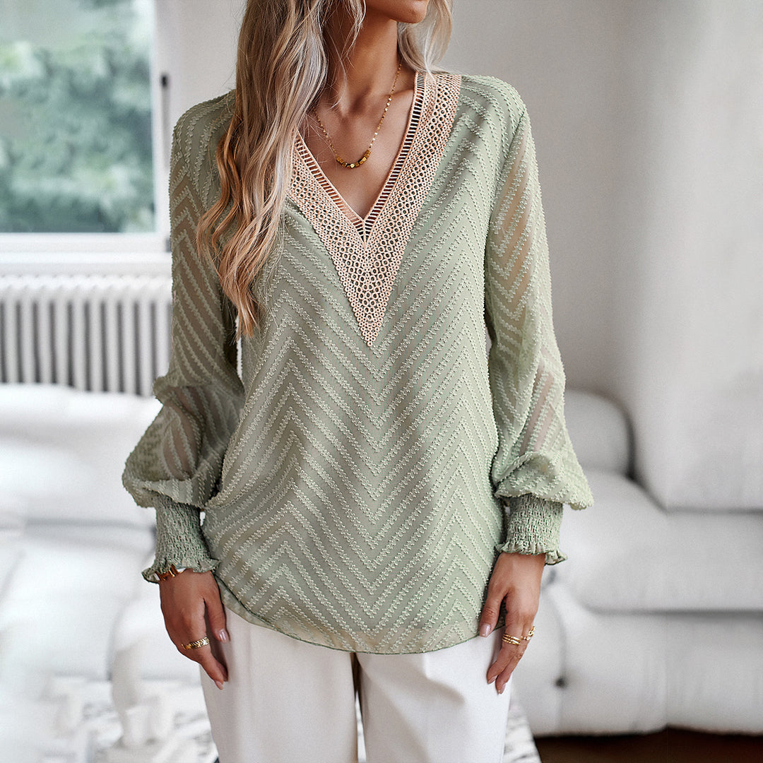 European And American V-neck Long Sleeve Shirt Women