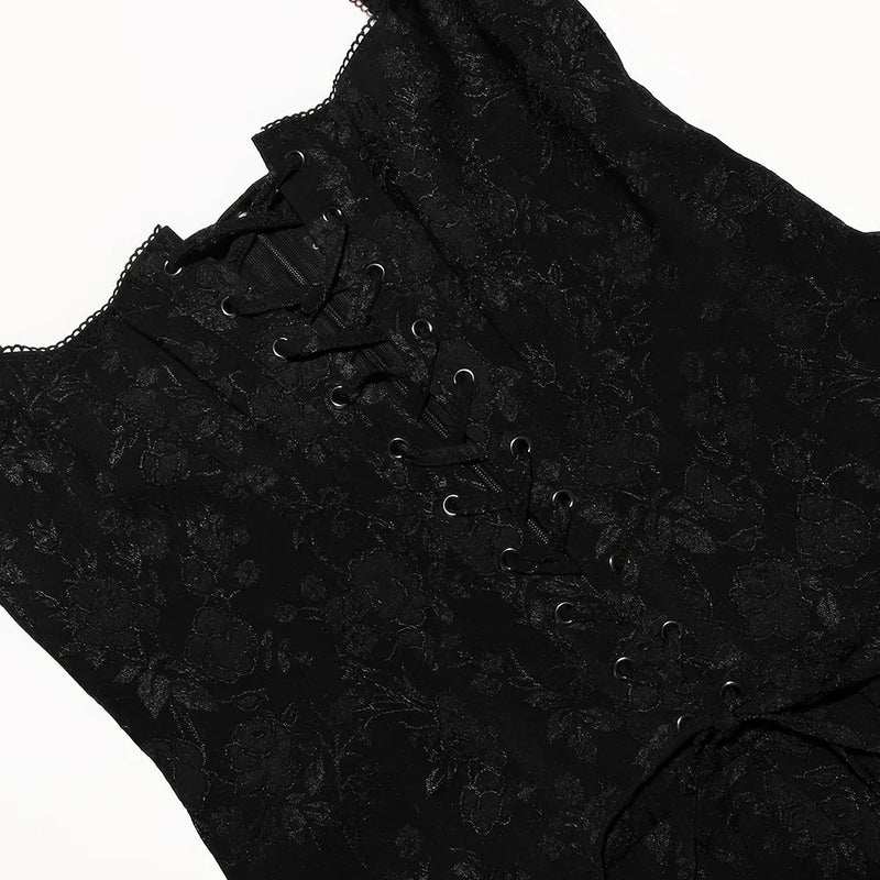 black lace-up a-line mini dress, view 6 - MRSLM