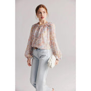 floral ruffle silk-blend blouse, view 2 - MRSLM