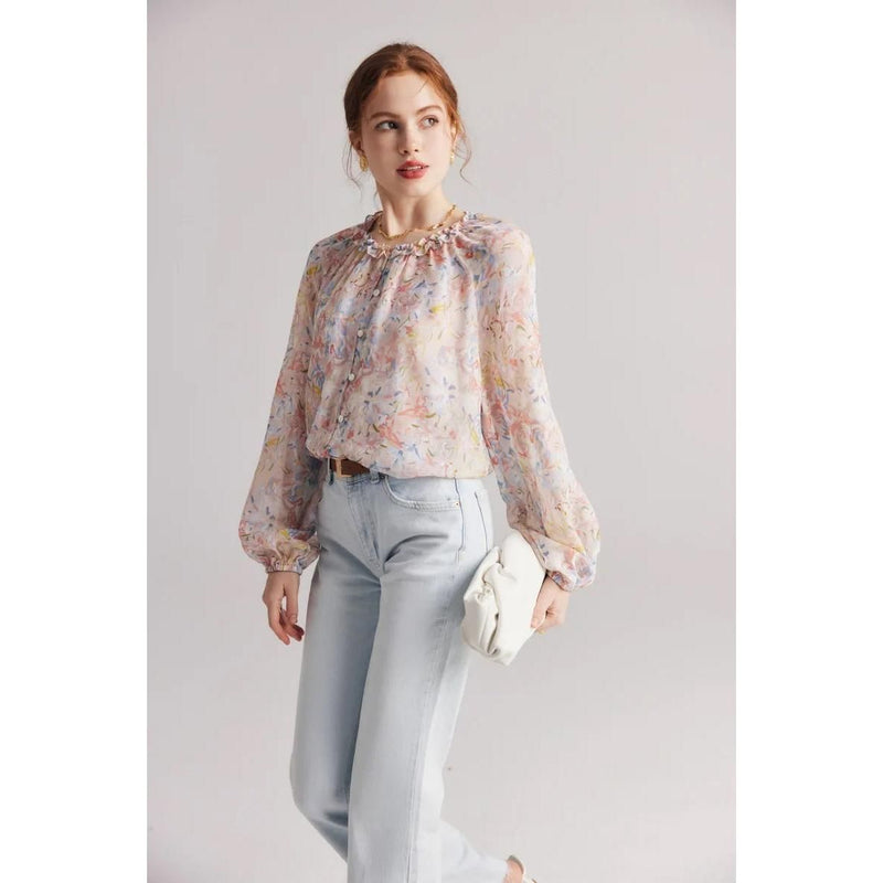 floral ruffle silk-blend blouse, view 2 - MRSLM