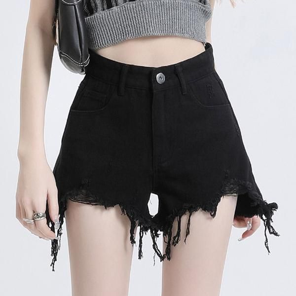 high waist black denim shorts, view 6 - MRSLM