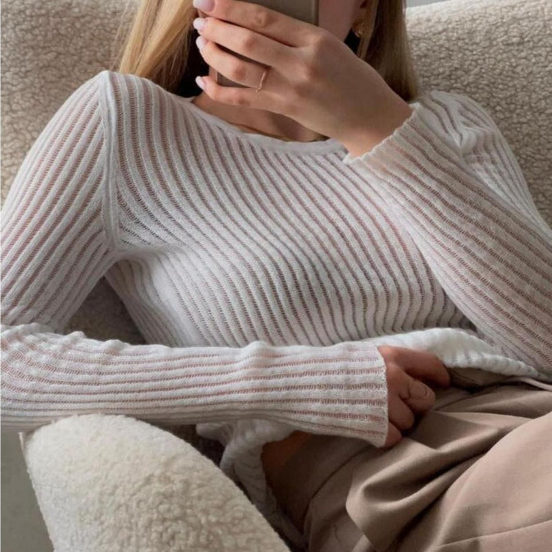 striped see-through knit top, view 11 - MRSLM