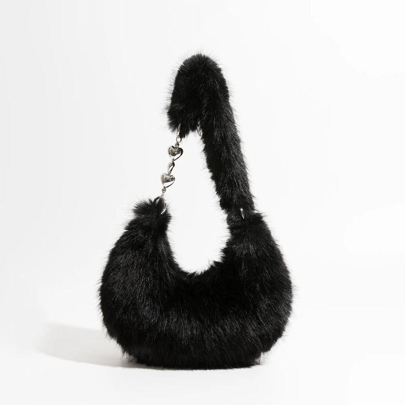 fuzzy faux fur half moon shoulder bag, view 6 - MRSLM