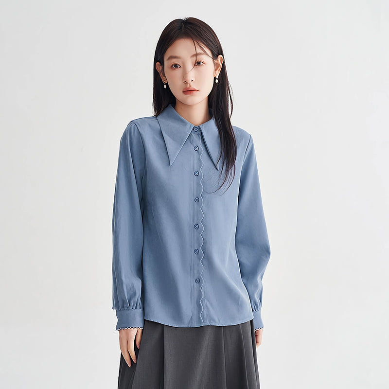 long sleeve polo neck blouse with petal cuffs, view 2 - MRSLM