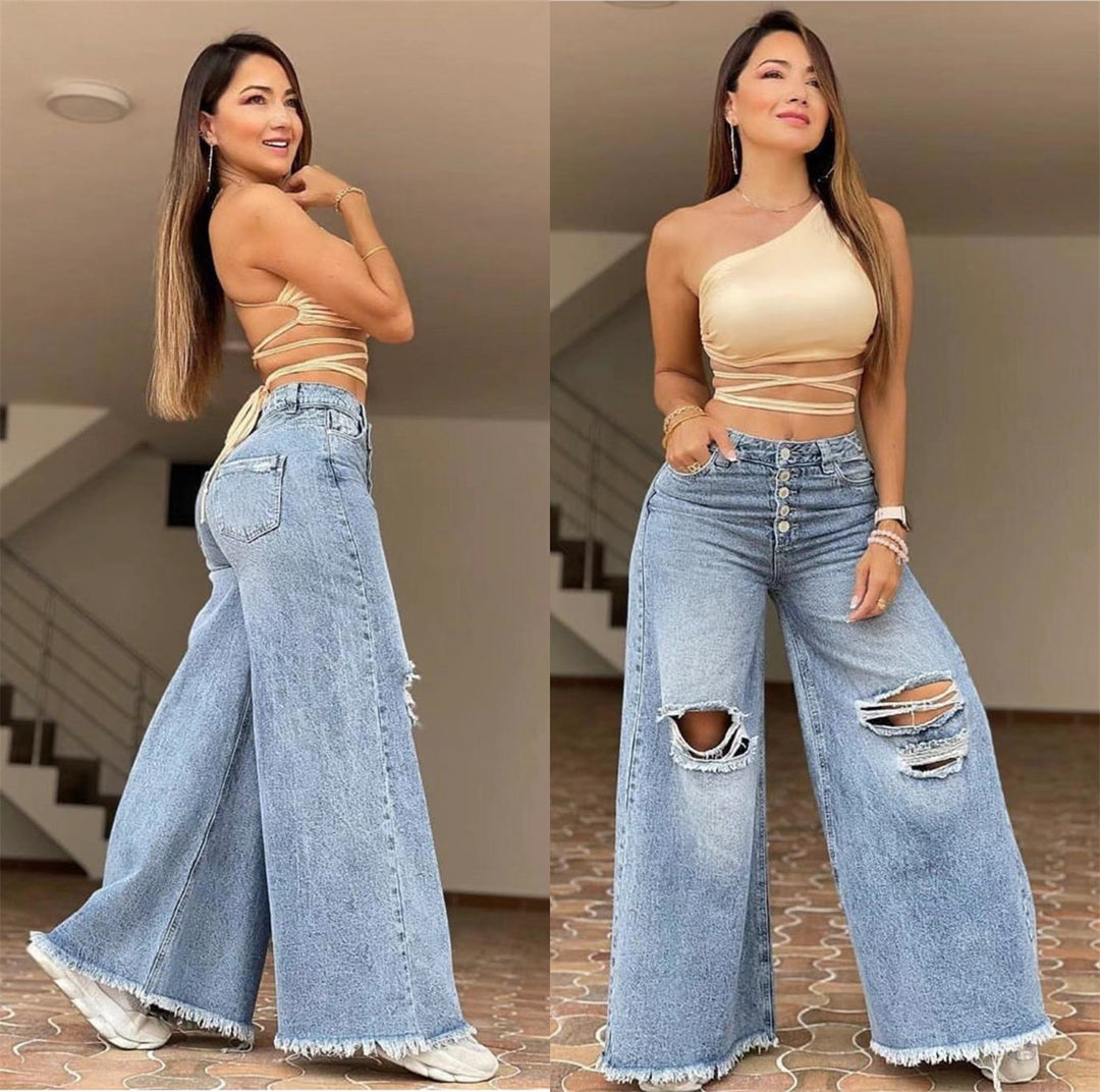 Light Color And Water Scrubbing New High Waist Retro Loose Hole Wide Leg Pants For Women