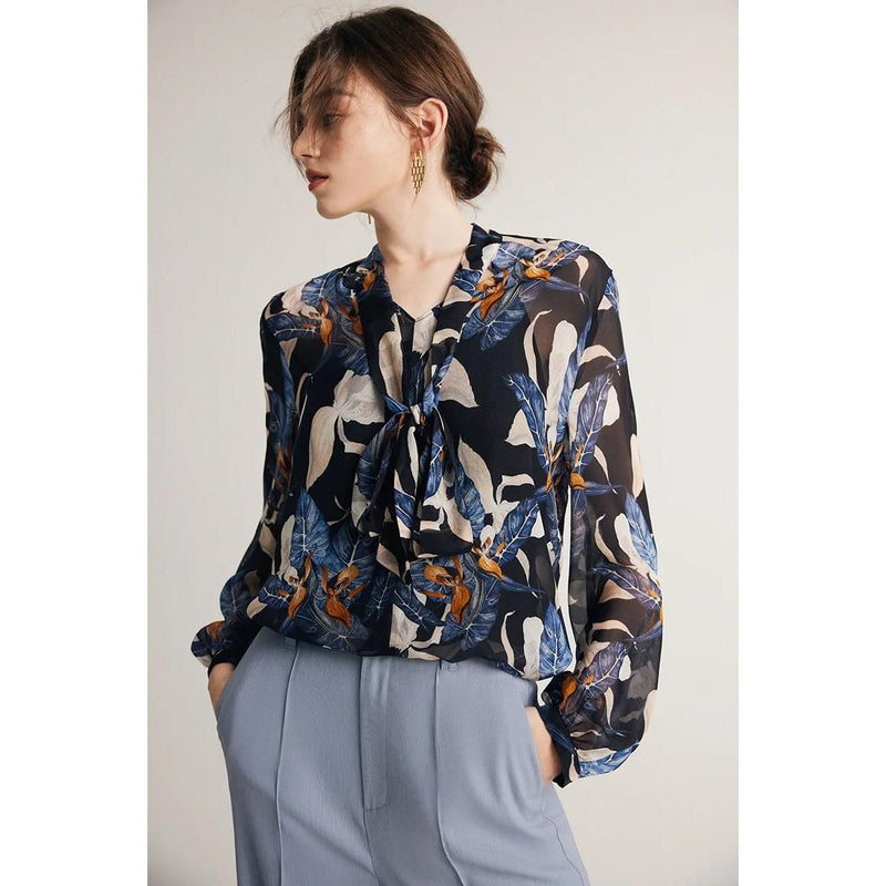 Silk-blend bow collar blouse, view 8 - MRSLM