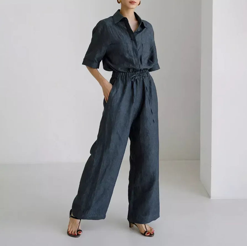 Short sleeve linen jumpsuit with wide pants, view 2 - MRSLM