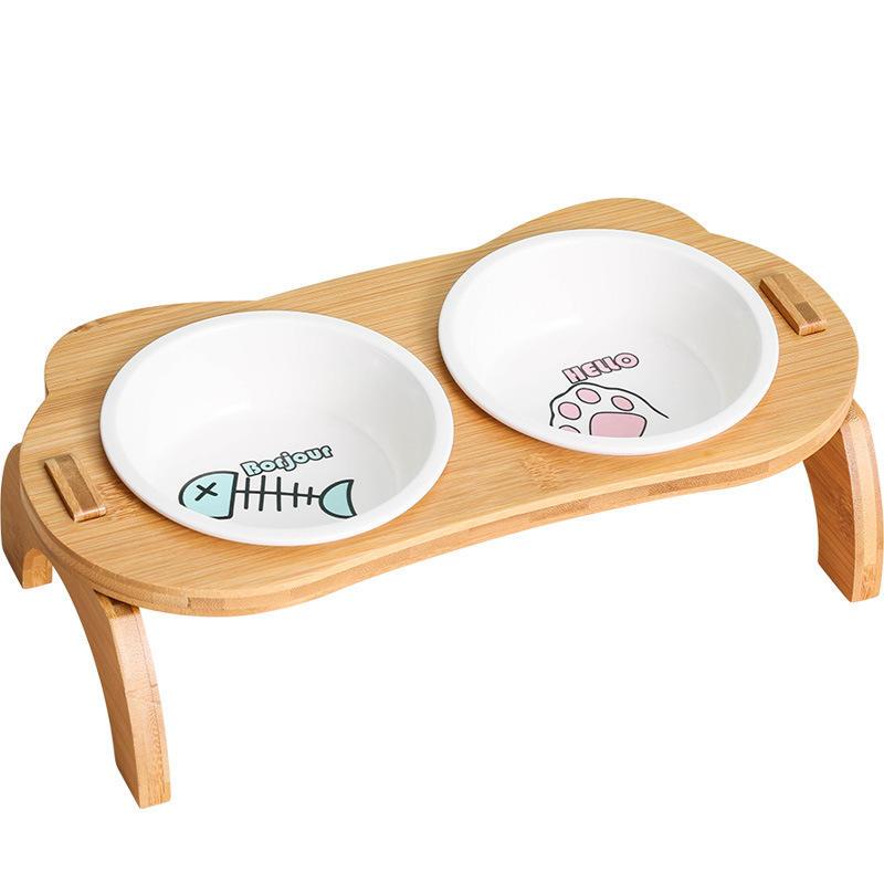 elevated bamboo double cat and dog bowls - MRSLM