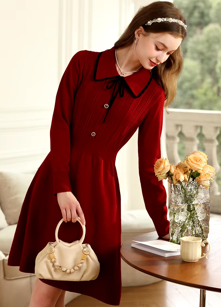 red long sleeve knitted dress, view 3 - MRSLM