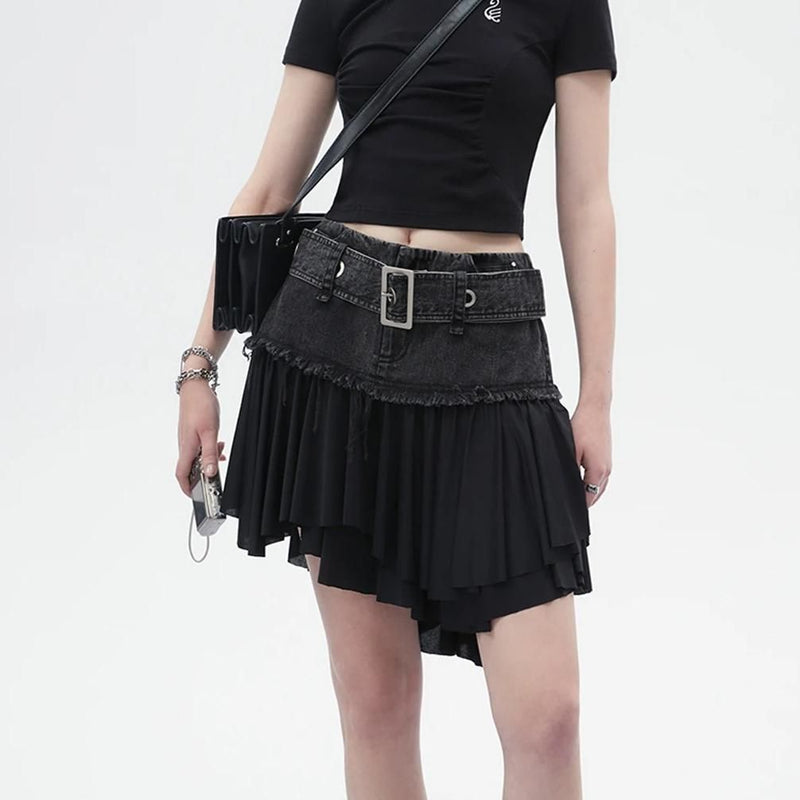 black denim mini skirt with ruffled hem - MRSLM