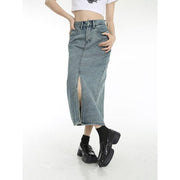 vintage blue denim midi skirt, view 6 - MRSLM