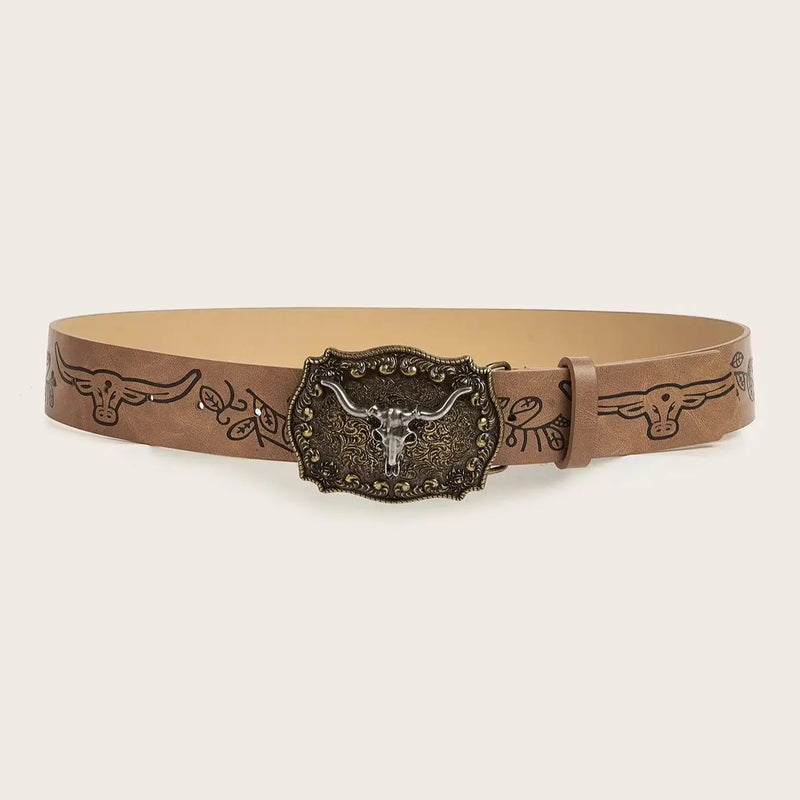 vintage western cowboy buckle pu leather belt, view 6 - MRSLM