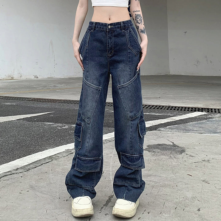 Women's Washed-out Vintage Dark Blue Denim Split Stitching Multi-pocket High Waist Straight All-matching Casual Pants