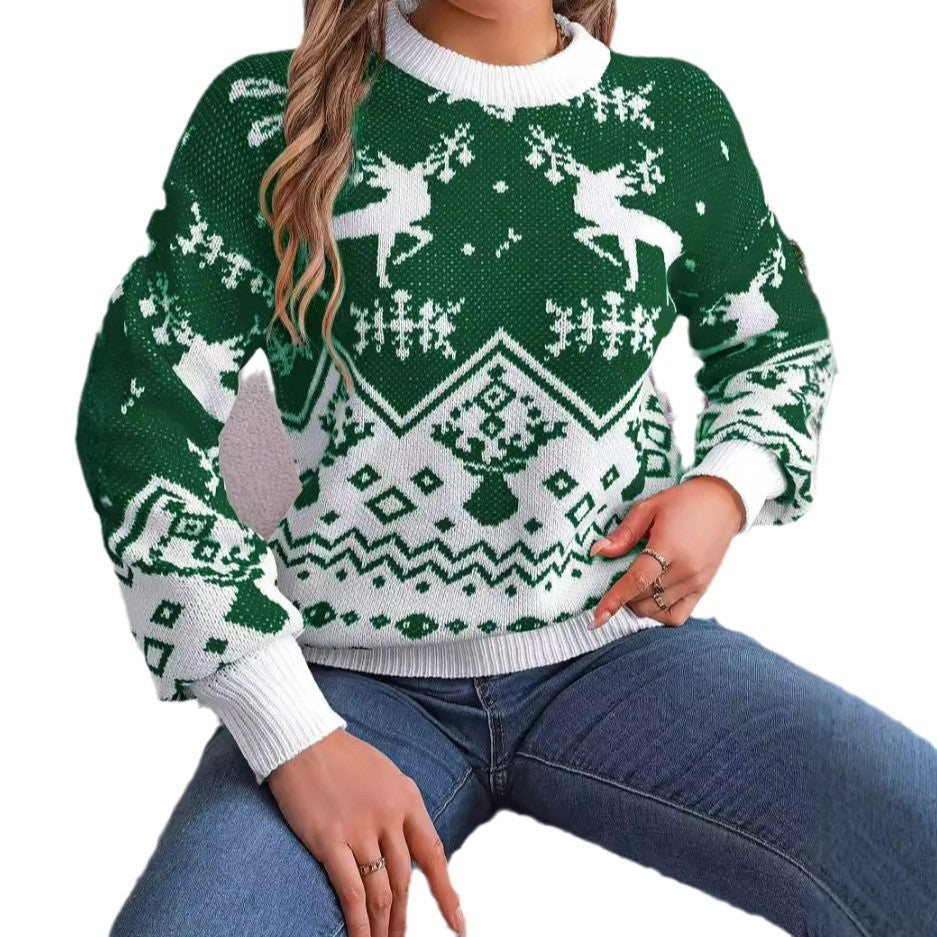 Women's Christmas Deer Knit Sweater with Lantern Sleeves