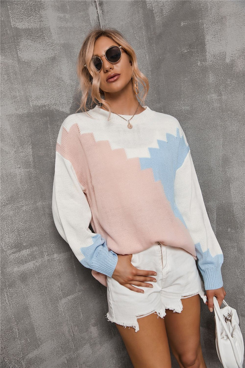 loose patchwork round neck sweater, view 3 - MRSLM