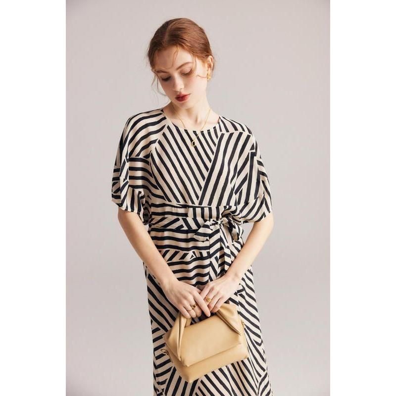striped silk mid-calf dress, view 3 - MRSLM