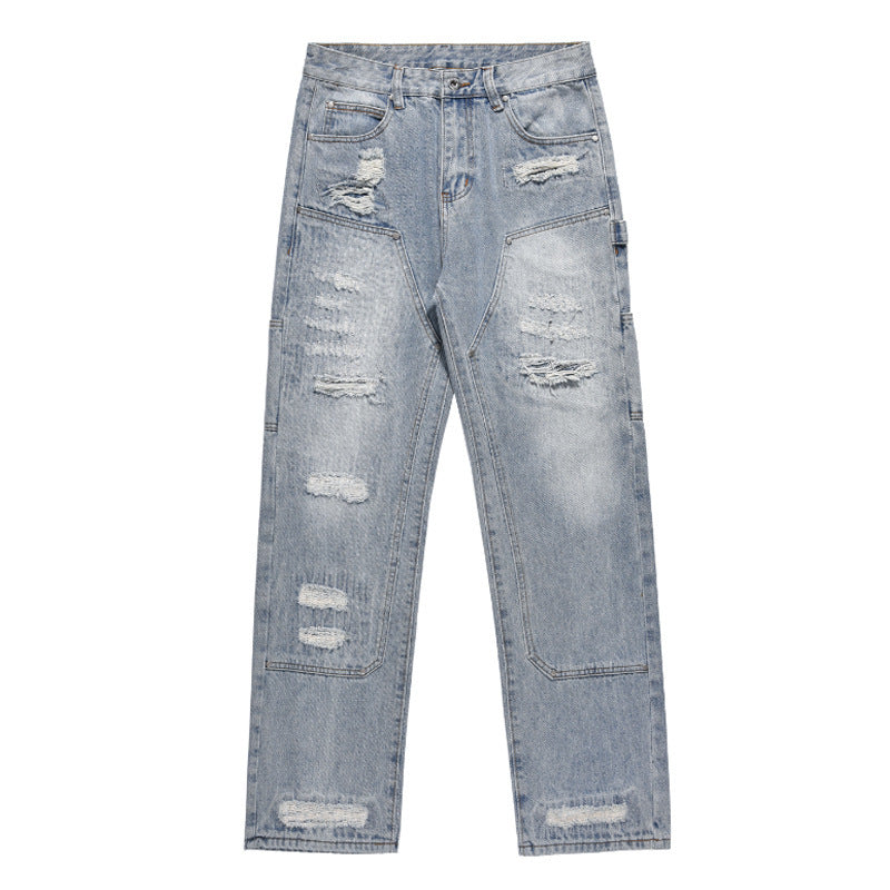 Men's washed ripped straight leg jeans, view 5 - MRSLM