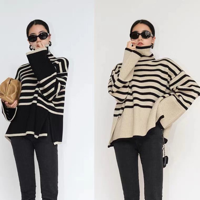 Women's Fashion Casual Loose Striped Turtleneck Sweater