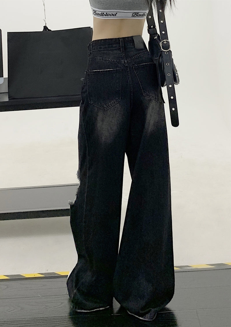women's black ripped wide-leg jeans, view 8 - MRSLM