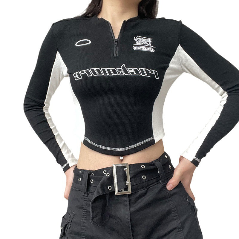 contrast patchwork embroidered letter long sleeve top, view 4 - MRSLM
