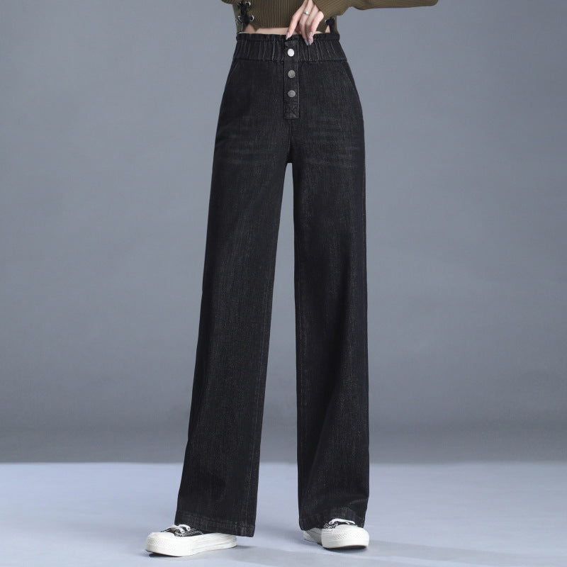 High waist wide-leg stretch denim pants, view 5 - MRSLM