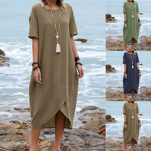 Women's retro round neck mid-length dress - MRSLM